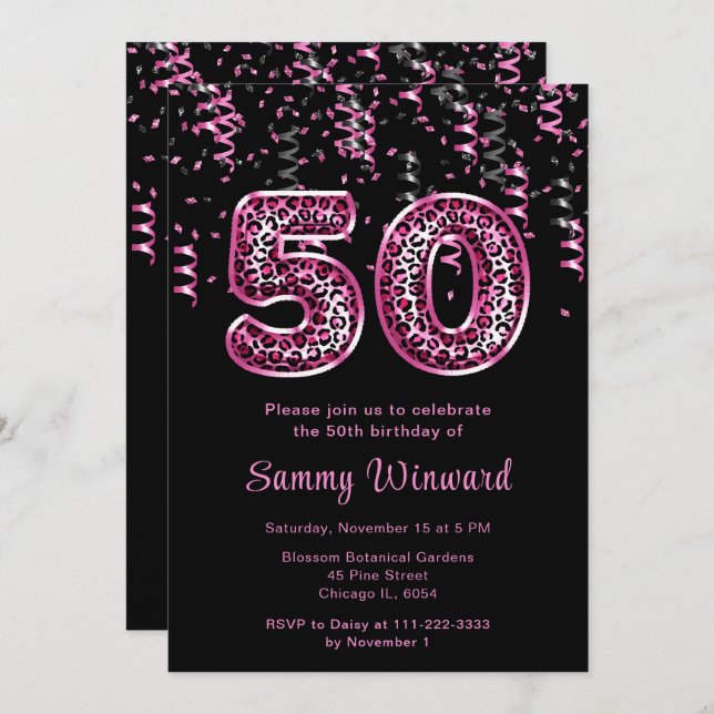 Invitation 50e anniversaire Empreintes de léopard ballons ave (Devant / Derrière)