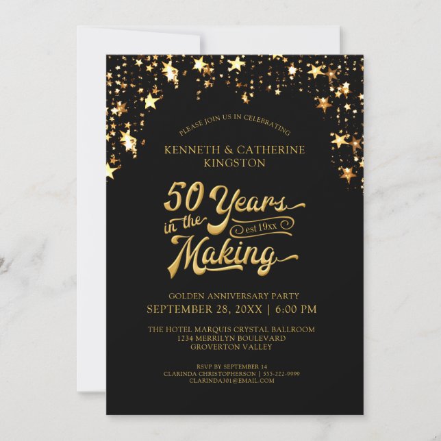 Invitation 50e anniversaire étoiles noires et or 50 ANS (Devant)