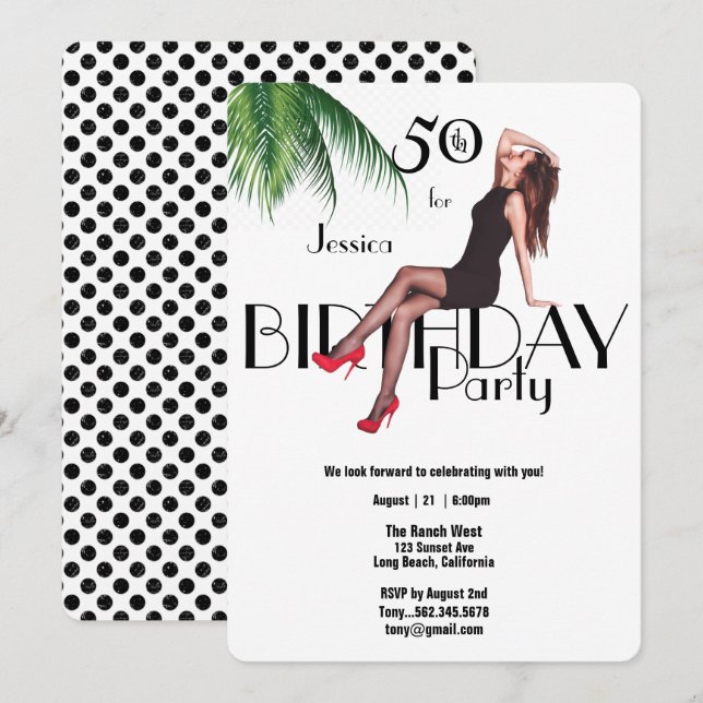 Invitation 50e anniversaire Fashion Fashion Girl Palm Feuille (Devant / Derrière)