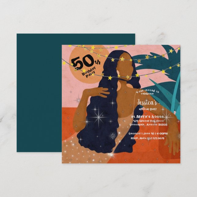 Invitation 50e Anniversaire Fête Belle Lady Palm Feuilles Inv (Devant / Derrière)