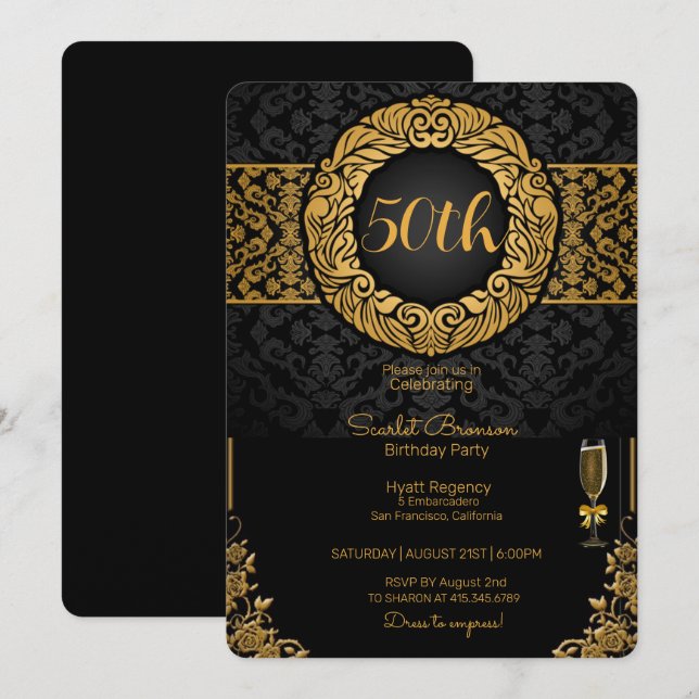 Invitation 50e anniversaire fête Black & Gold Elegant Anniver (Devant / Derrière)