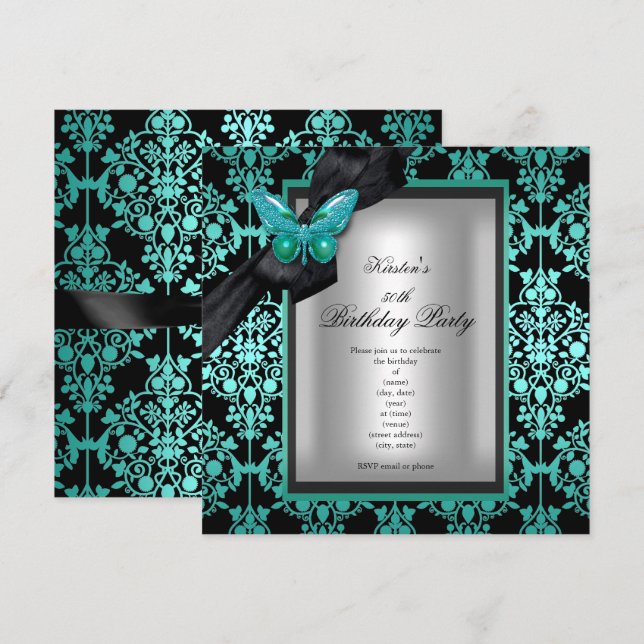 Invitation 50e Anniversaire Fête Bleu Argent Damas Papillon (Devant / Derrière)