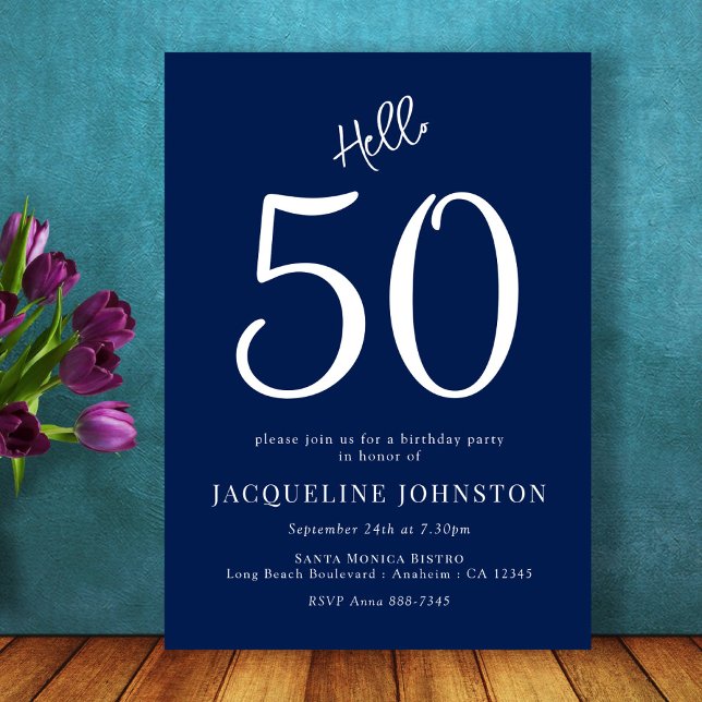 Invitation 50e Anniversaire Fête Bleu Blanc Bonjour 50 (Créateur téléchargé)