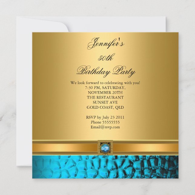 Invitation 50e anniversaire fête Elégant or Turquoise (Devant)