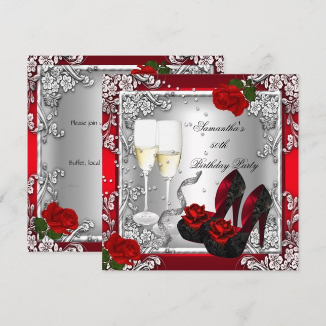 Invitation 50e anniversaire fête élégante Rose rouge argent (Devant / Derrière)