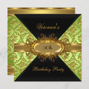 Invitation 50e Anniversaire Fête Lime Vert Or Noir Damas