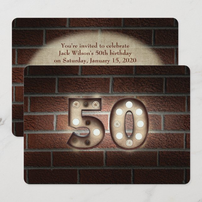 Invitation 50e anniversaire Fête-marquee lumières sur brique (Devant / Derrière)