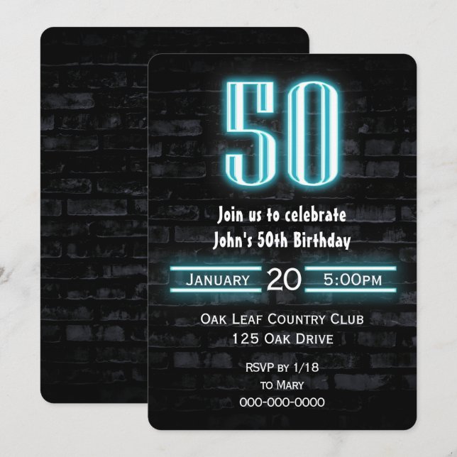 Invitation 50e Anniversaire fête néon Connexion en brique (Devant / Derrière)