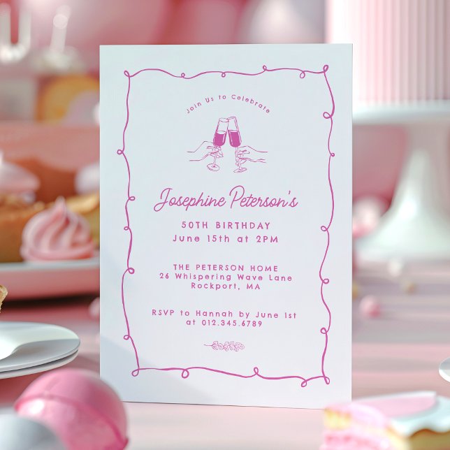 Invitation 50e Anniversaire Fête Pink Whimsical Doodle (Créateur téléchargé)