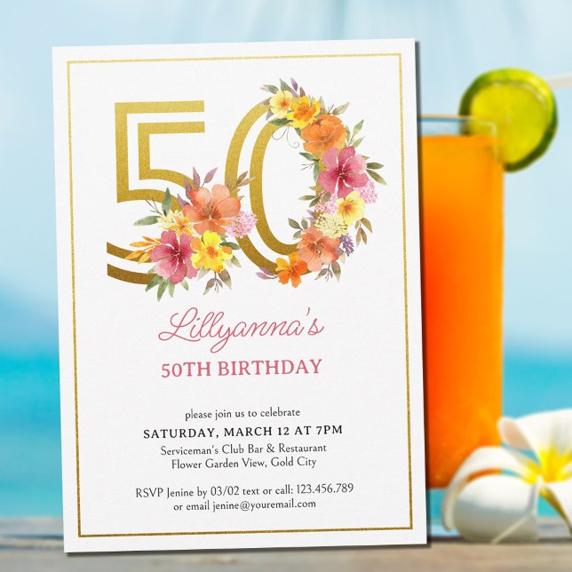 Invitation 50e anniversaire fête Plutôt Floral Gold Numéro 50 (Créateur téléchargé)