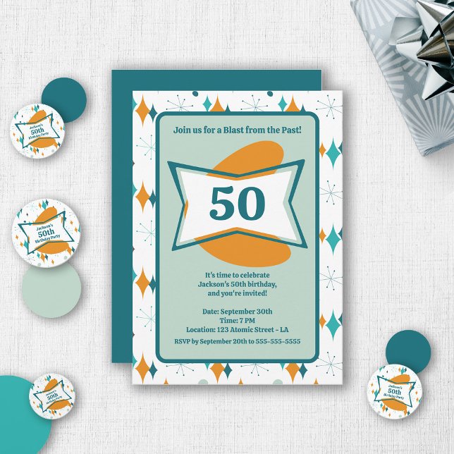 Invitation 50e anniversaire fête Retro Mid Century N'importe  (Créateur téléchargé)