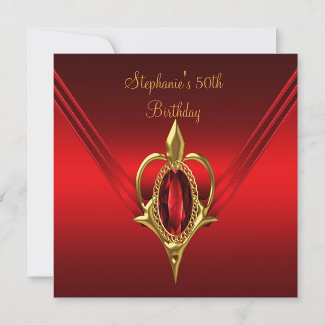 Invitation 50e Anniversaire Fête Riche Rouge Soie Or Diamant (Devant)