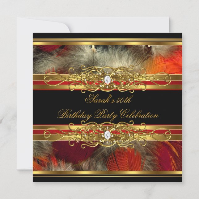 Invitation 50e Anniversaire Fête Rouge Plume Noir Or (Devant)