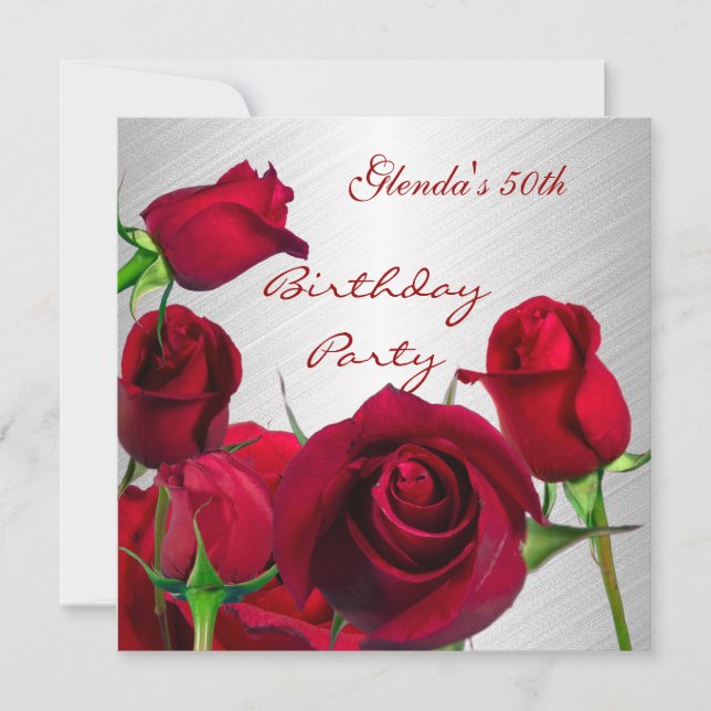 Invitation 50e Anniversaire Fête Rouge Roses Blanc (Devant)
