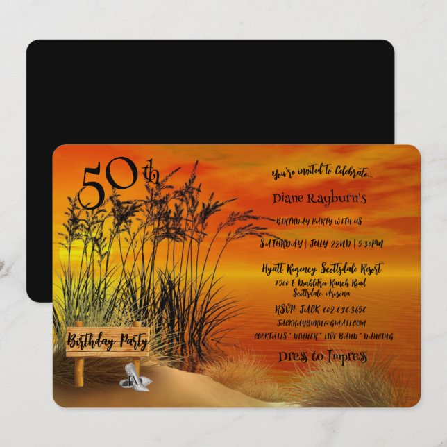 Invitation 50e anniversaire fête Sunset Beach Grasses Stilett (Devant / Derrière)
