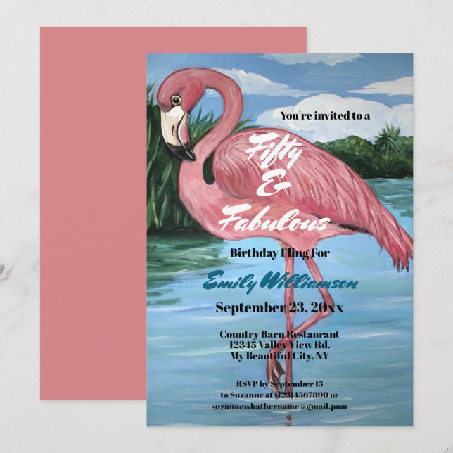 Invitation 50e anniversaire Flamant rose tropical rose  (Devant / Derrière)