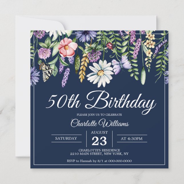 Invitation 50e anniversaire Fleurs sauvages Elégant Marine Bl (Devant)