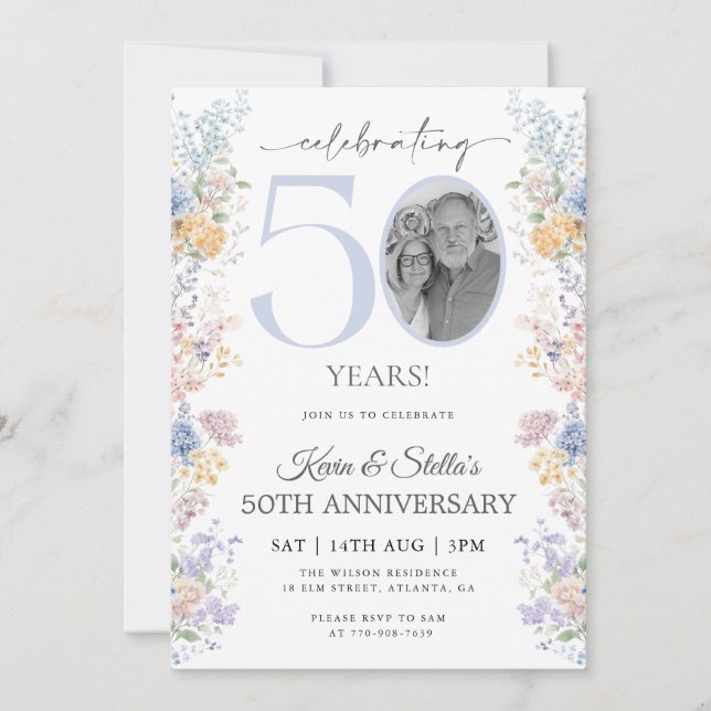 Invitation 50e Anniversaire Floral Avec Photo (Devant)