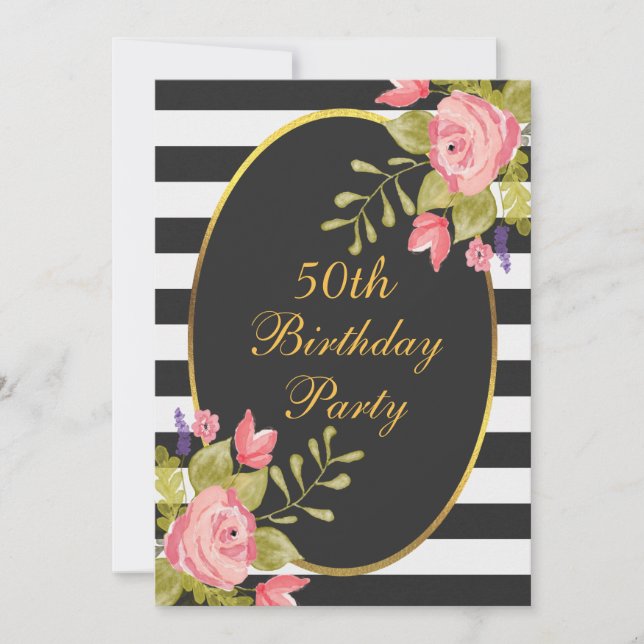 Invitation 50e anniversaire Floral Black White Stripes Gold F (Devant)