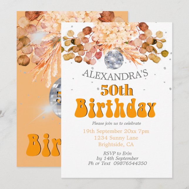 Invitation 50e anniversaire Floral Orange Disco Ball (Devant / Derrière)