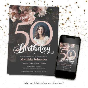 Invitation 50e anniversaire Floral Rose doux Photo élégante