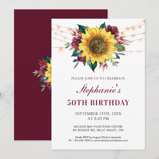 Invitation 50e anniversaire Floral Sunflower String Lights Pa (Devant / Derrière)