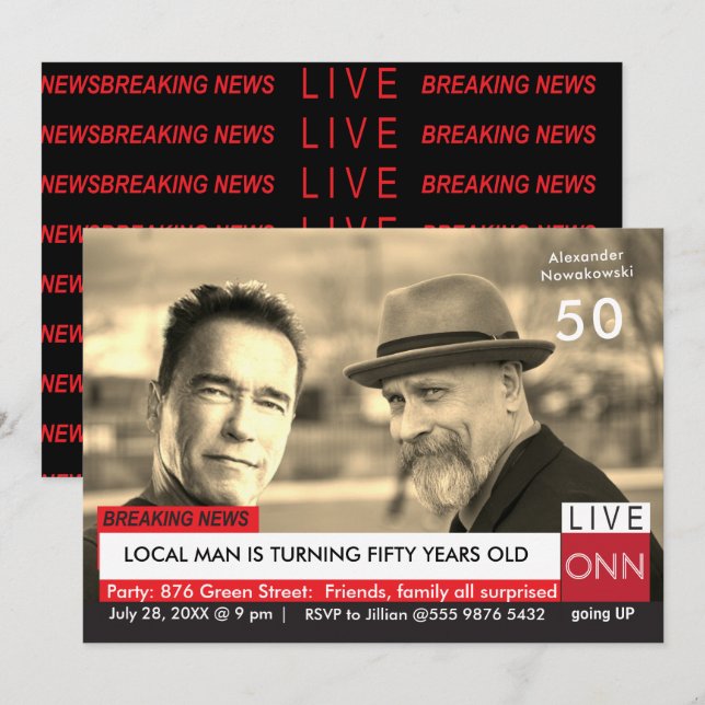 Invitation 50e anniversaire Funny TV News Arnold Schwarzenegg (Devant / Derrière)