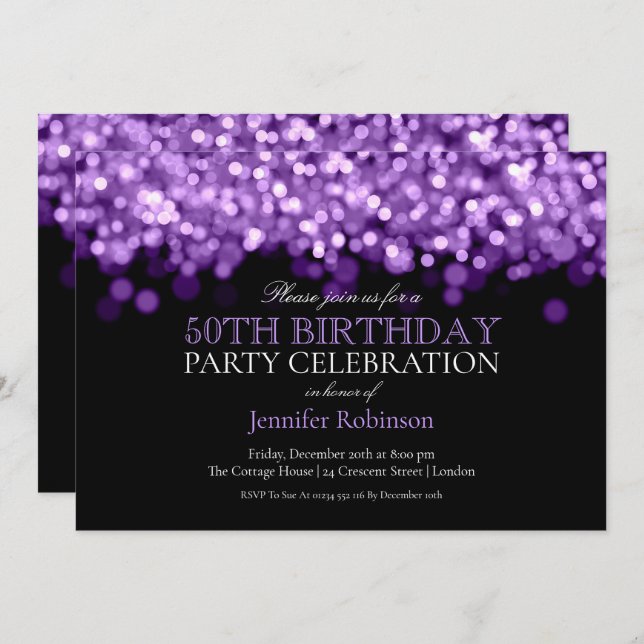Invitation 50e anniversaire Glam Purple Lights (Devant / Derrière)