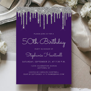 Invitation 50e anniversaire Glam Purple Silver Glitter Drip