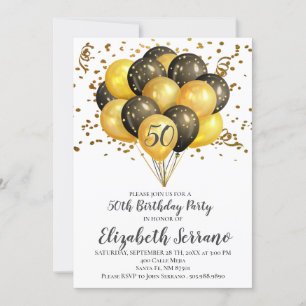 Invitation 50e Anniversaire Gold & Black Balloons Sur Blanc