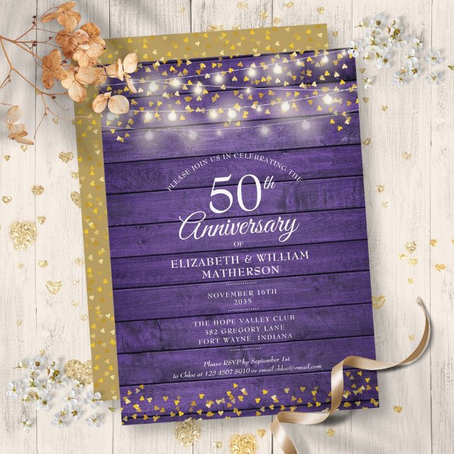 Invitation 50e Anniversaire Gold Hearts String Lights Wood (50th Anniversary Gold Hearts String Lights Wood Invitation)