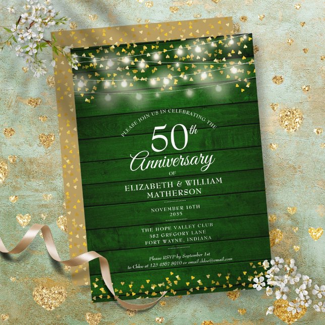 Invitation 50e Anniversaire Gold Hearts String Lights Wood (50th Anniversary Gold Hearts String Lights Wood Invitation)