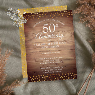 Invitation 50e Anniversaire Gold Love Hearts Bois rustique