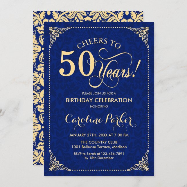 Invitation 50e anniversaire - Gold Navy Damask (Devant / Derrière)