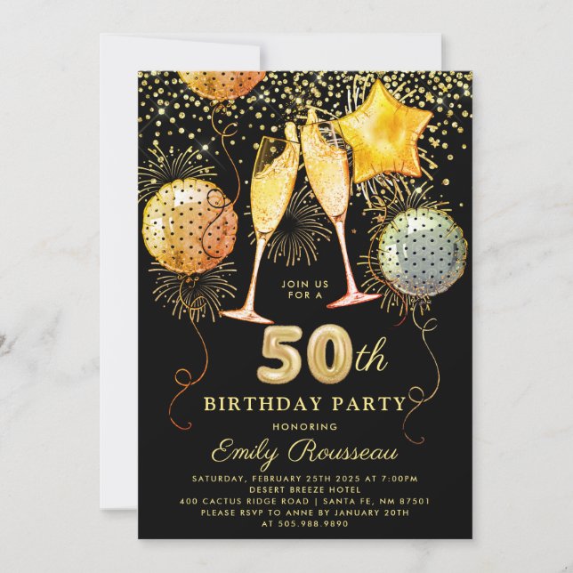 Invitation 50e Anniversaire Gold Parties scintillant Noire Co (Devant)