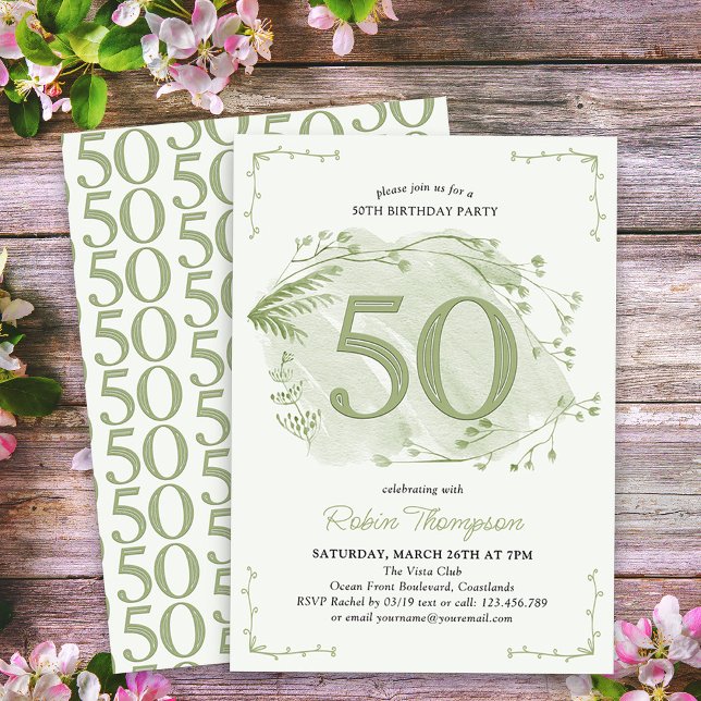 Invitation 50e anniversaire Green Dainty Fleur sauvage Numéro (50th Birthday Invitation - buy professionally printed or as digital download for printing or sharing)