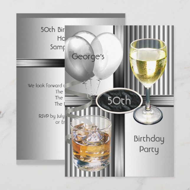 Invitation 50e anniversaire Hommes Boissons Balloons Argent (Devant / Derrière)