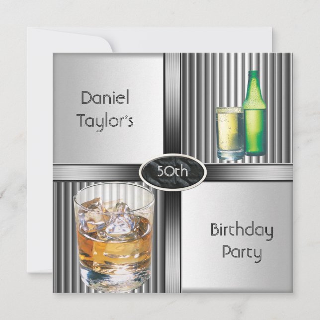 Invitation 50e anniversaire Hommes Boissons Métal Noir Argent (Devant)