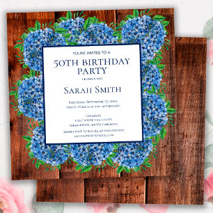Invitation 50e Anniversaire Hydrangeas Bleus en Bois Rustique