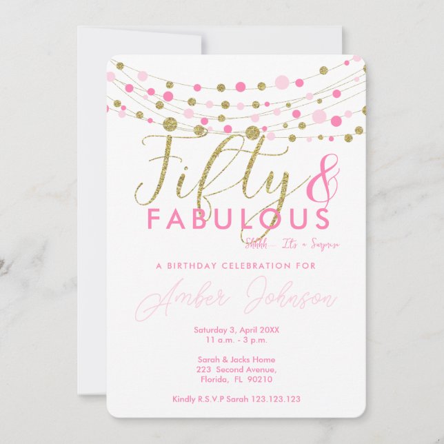 Invitation 50e anniversaire invitation, rose et or (Devant)