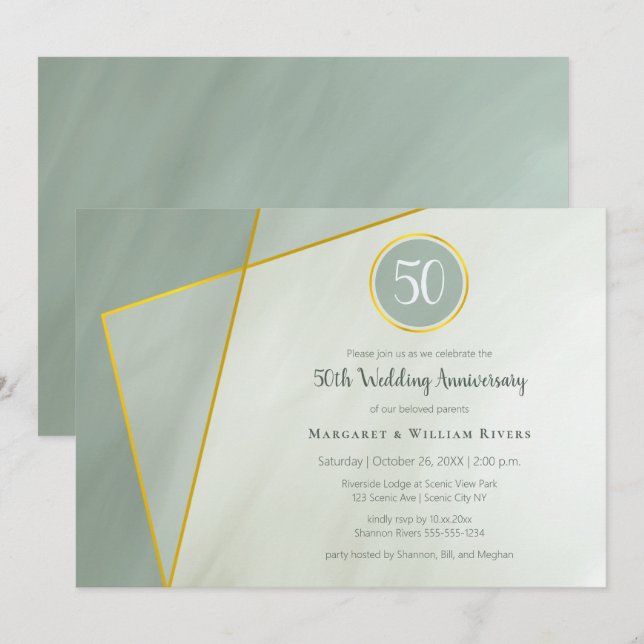 Invitation 50e anniversaire jade gris avec cadre or (Devant / Derrière)