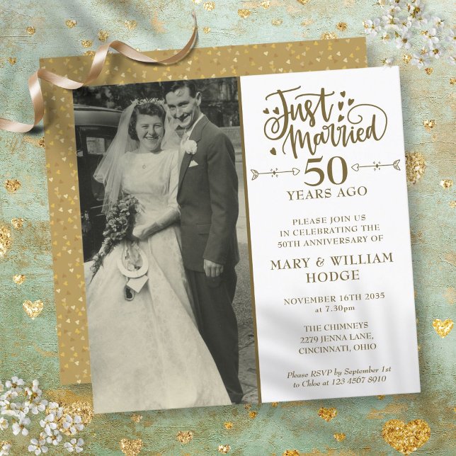 Invitation 50e anniversaire juste marié Mariage photo Carré (50th Anniversary Just Married Wedding Photo Square Invitation)