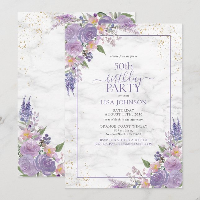 Invitation 50e Anniversaire Lavender Marbre Lilac Or Botaniqu (Devant / Derrière)