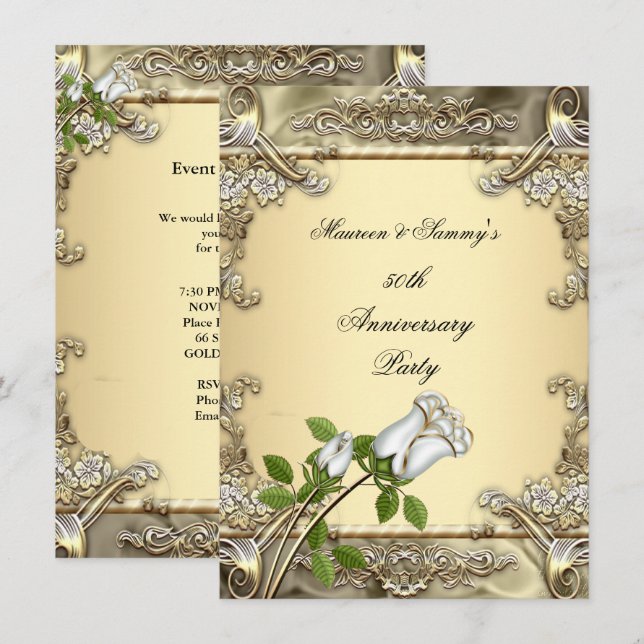 Invitation 50e Anniversaire Mariage Crème Rose Or (Devant / Derrière)