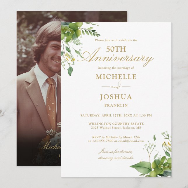 Invitation 50e anniversaire Mariage de verdure Photo or (Devant / Derrière)