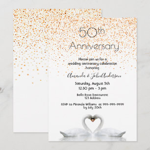 Invitation 50e anniversaire mariage deux cygnes amoureux blan