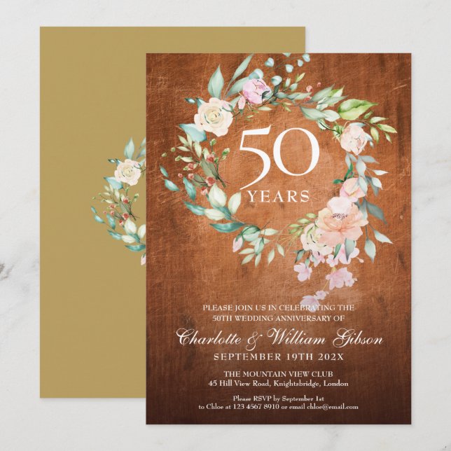 Invitation 50e anniversaire Mariage d'or Bois rustique Floral (Devant / Derrière)