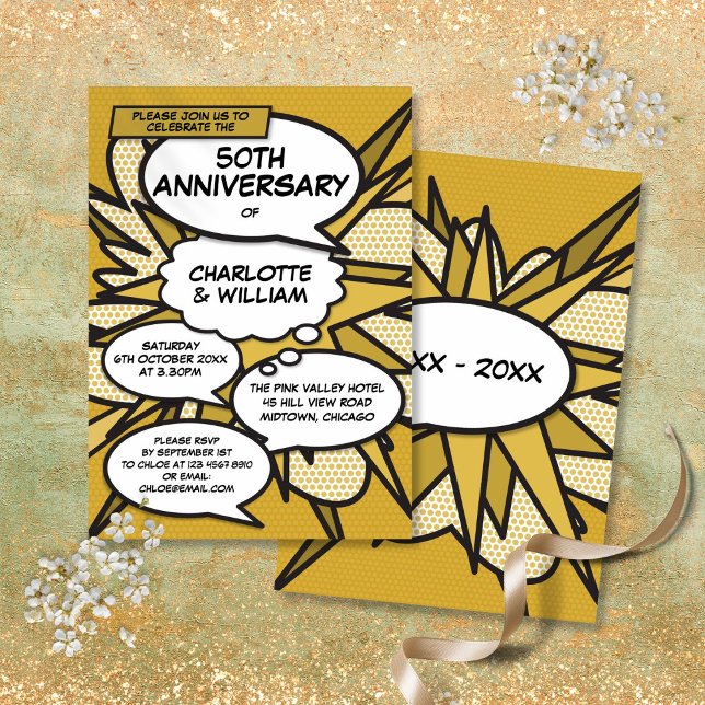 Invitation 50e Anniversaire Mariage d'or Comic Book Pop (50th Golden Wedding Anniversary Comic Book Pop Invitation)