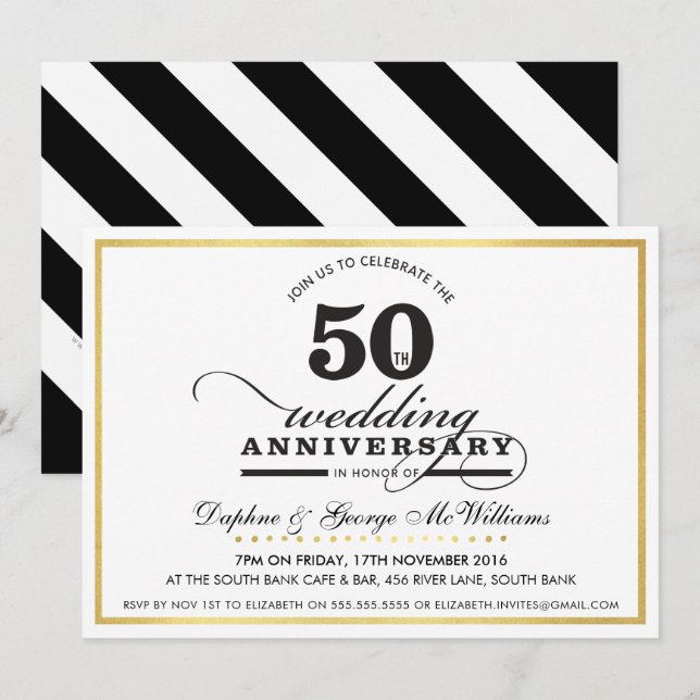 Invitation 50E ANNIVERSAIRE MARIAGE élégant or noir invitatio (Devant / Derrière)