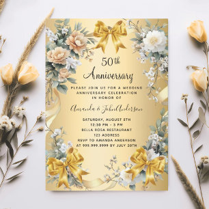 Invitation 50e anniversaire mariage florifères jaunes arcs or